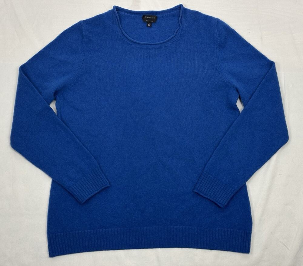 Talbots 100% Pure Cashmere Crew Neck Sweater Royal Blue Size L Soft Luxury